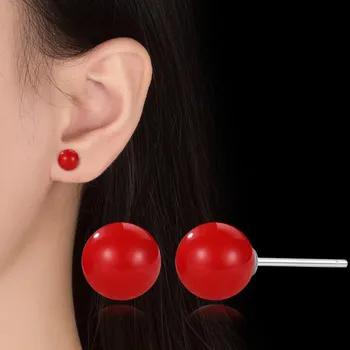 

PXCHZQ 925 sterling silver jewelry earrings high quality retro simple fashion woman red round sterling silver earrings