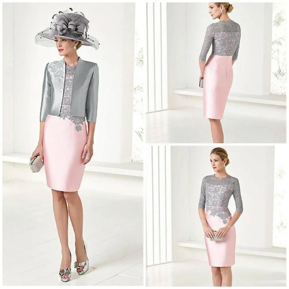 Elegante Roze Moeder Van De Bruid Jurken Met Jacket Knie Lengte 3/4 Lange Mouwen Moeder Van De