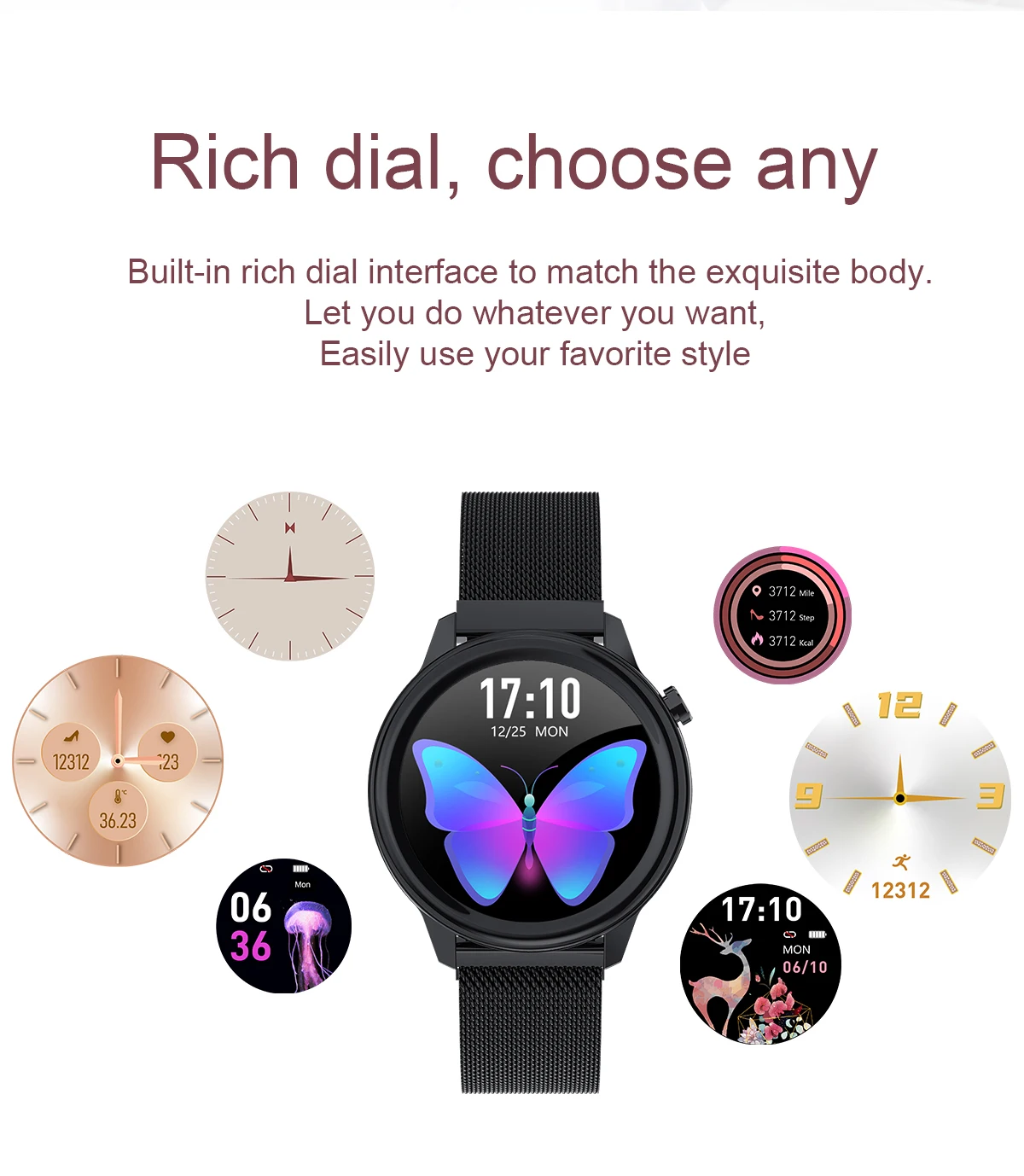 Female health (physiological cycle), Blood pressure monitori,Respiratory rate,Dynamic UI, Body temperature monitoring Smartwatch