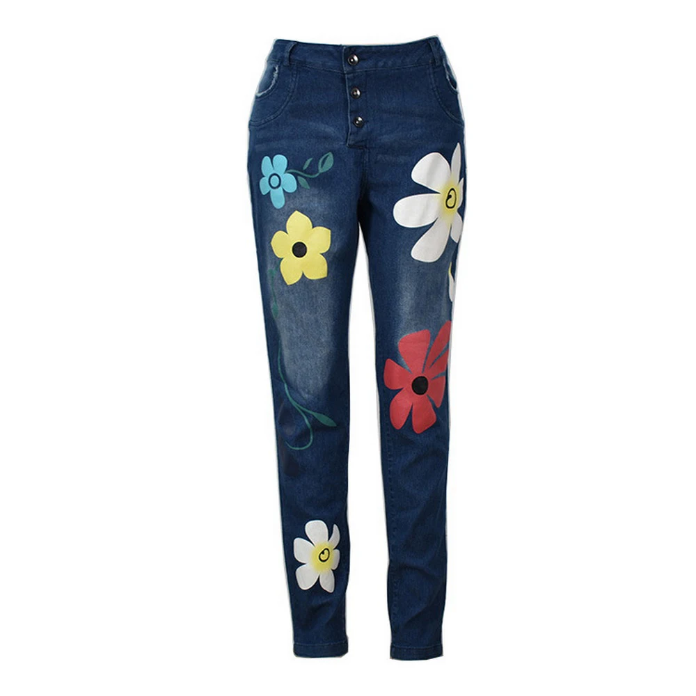 CALOFE Новые облегающие джинсы, женские модные джинсовые брюки с цветочным принтом, Длинные пуговицы, прямые джинсы для бега