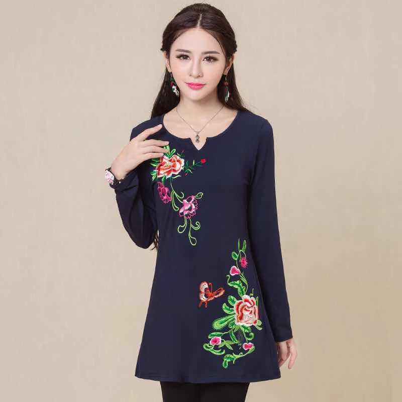Camisas femininas для женщин осень M-5XL в этническом стиле v образным вырезом Длинные рукава Черный Зеленый Розовый Красный Белый футболка с нашивками Топы - Цвет: Синий