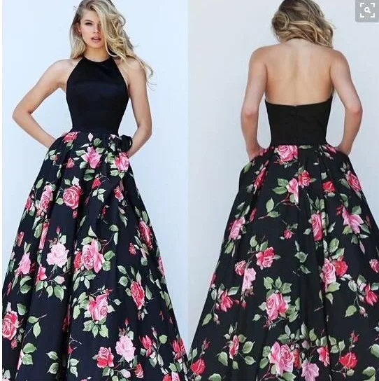 Стиль AliExpress Холтер печатных большой подол формальное платье с цветочным принтом