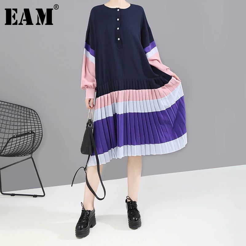 

[EAM] Women Spliced Mixed Color Pleated Dress New Round Neck Long Sleeve Loose Fit Fashion Tide Spring Autumn 2019 1B249