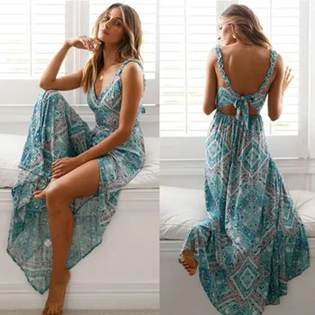 

Sexy Backless Dress Women 2020 Summer Bohemian Floral Print Long Dresses Femal Vestidos Lady Casual Sundress Sleeveless Clothes