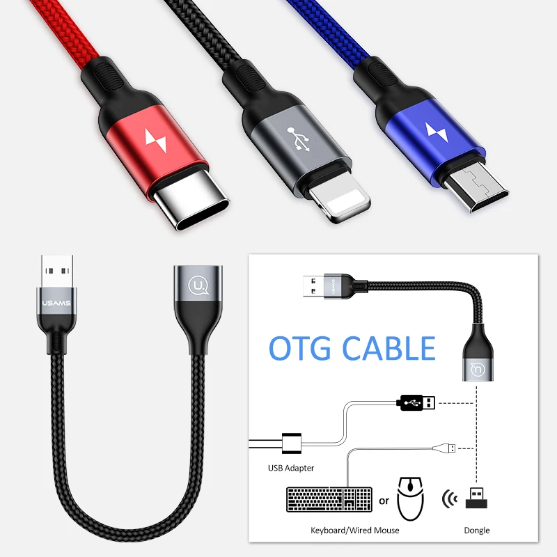 USAMS 3 в 1 USB кабель для iPhone x зарядный кабель Micro USB кабель type c кабель для samsung s9 plus зарядный Шнур USB OTG