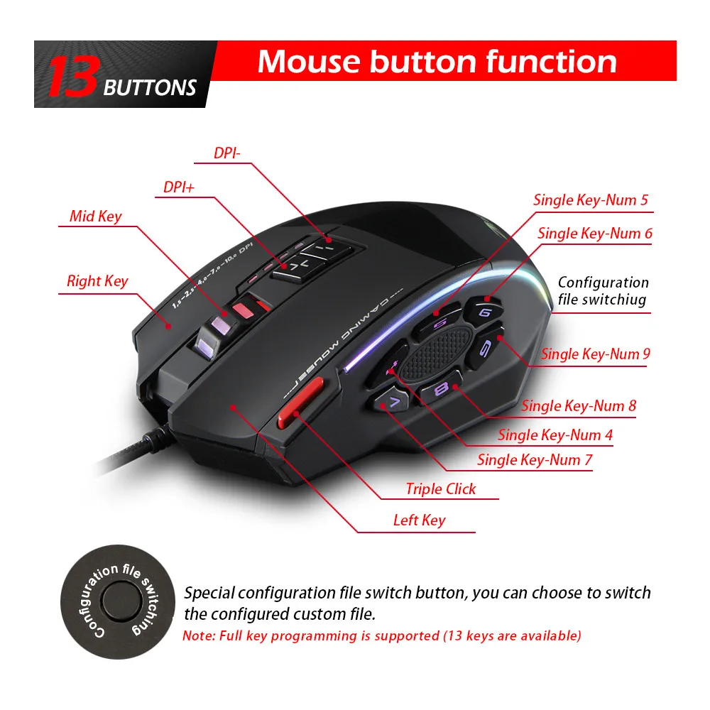 Zelotes C13 игровая мышь 10000 dpi 13 программируемых кнопок RGB светодиодный светильник мыши 5 dpi варианты 13 программируемые кнопки красочные