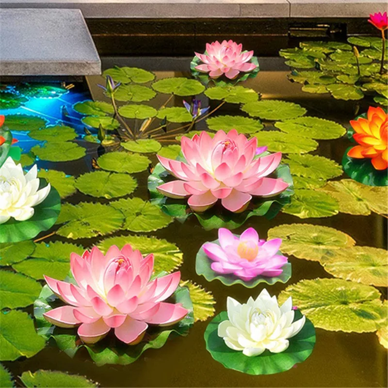 Conjunto de 4 flores flotantes para estanques 17cm artificial flotante de espuma de flores de loto realista falso Nenúfar flotante adornos Estanque Plantas de jardín Patio Piscina acuario Decoración