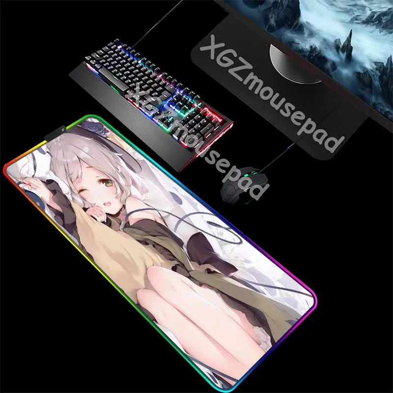 XGZ Large RGB Gaming Mouse Pad Black Lock Edge Anime Blue Rose Cute Sister Custom Computer Desk Mat