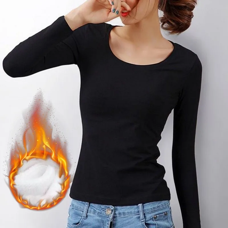 O Neck Long Sleeve Shirt Women Winter Bottoming Shirt  Cropped Tops 2022  Black Casual  Slim Basic Woman Veet T Shirts_voghion.com
