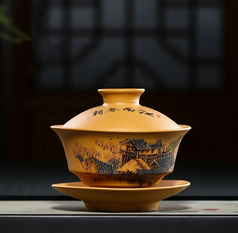 Yixing Gaiwan, 135 мл, чайная чаша, блюдце, набор крышек, фиолетовая глина, чашка, чайник, контейнер, ручная роспись, чайная тарелка, чайная посуда, Декор, ремесла