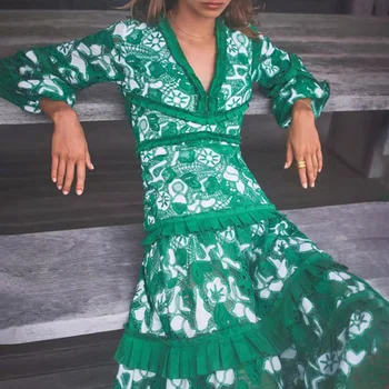 

Embroidery Patchwork Ruffles 2020 Women Dresses V Neck Lantern Long Sleeve High Waist Party Dress Female Fashion Clothes
