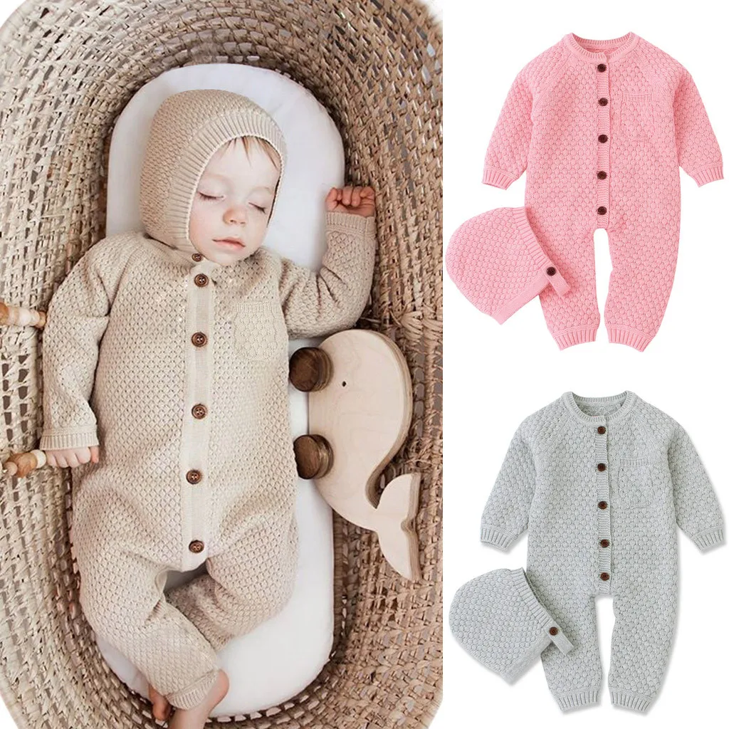 Newborn Infant Baby Girl Boy Long Sleeve Romper Winter Warm Coat Knit Casual Romper Button Jumpsuit Hat Outfits Clothes Costume