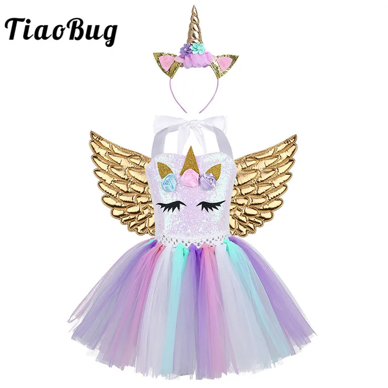 

TiaoBug Kids Flowers Sequins Mesh Tutu Dress Hair Hoop Angel Wings Set Girls Halloween Outfit Cartoon Cosplay Princess Costume