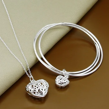 

New Design 925 Sterling Silver Jewelry Sets Fashion Hollow Heart Necklace Bangles Sets Top Quality