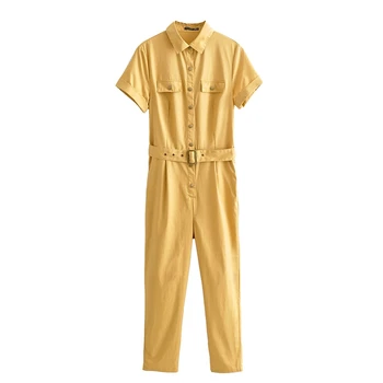 

Women Summer Khaki Solid Cotton Jumpsuit with Belt Short Sleeve Pocket Female Boyfriend Style Jumpsuit