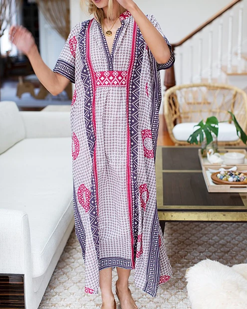 Everkaki женское платье с принтом Boho, свободные пляжные летние длинные платья, повседневные винтажные женские макси платья, женская мода, новая мода