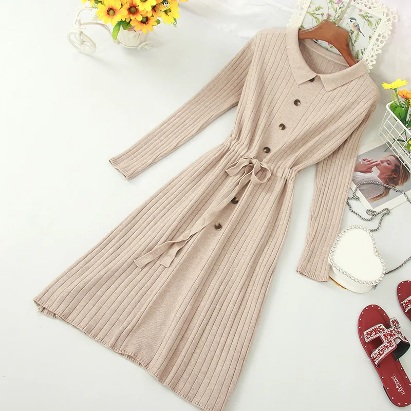 

Taotrees Early Autumn Vogue Solid Color Knitted Dress Turn-down Collar Elastic High Waist Bow Single Breast Long Sleeve Dress