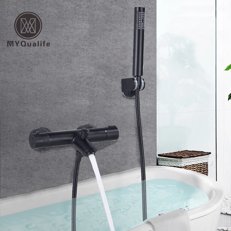 

Black Thermostatic Shower Mixer Faucet Dual Handle Constant Temperature Shower Mixer Tap Handheld Bath Shower Set