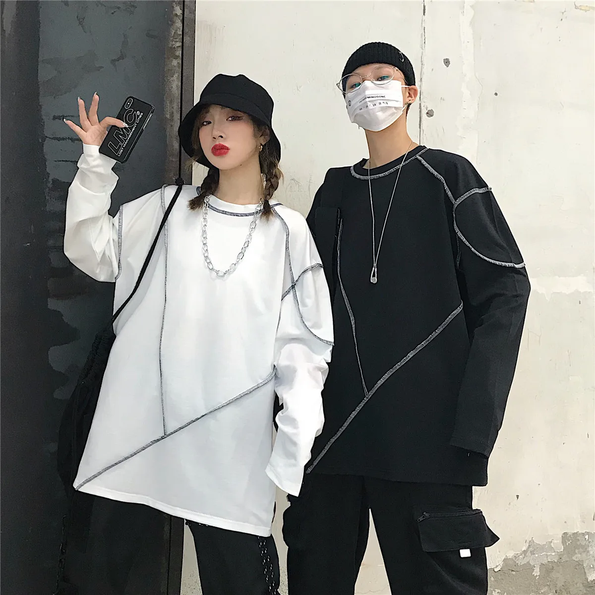 Хип-хоп панк Футболка Топ Harajuku уличная Корейская длинный рукав однотонный графический пуловер свободные негабаритные осень зима
