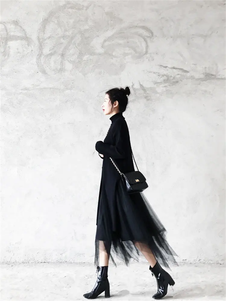 HG элегантный винтажный комплект из двух предметов, женский свитер с воротником-хомутом, необычная сетчатая юбка с эластичной резинкой на талии, Черная Женская осенне-зимняя юбка XJ2622