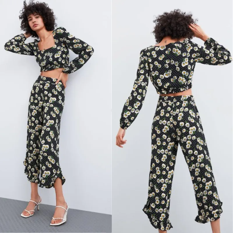 

2019 Spring High-waisted Navel Daisy Polka Dot Print Shirt High-waisted Slimming Loose Pants Two-Piece Set Women's