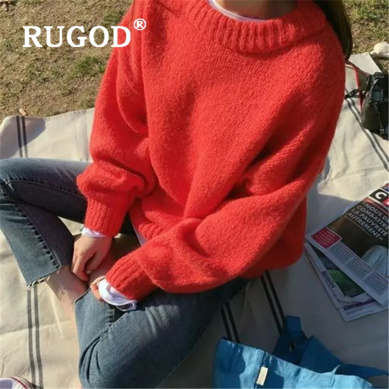 RUGOD вязаный длинный свитер однотонный теплый Джемпер трикотажный пуловер из мохера размера плюс корейский стиль зимние топы для женщин осень