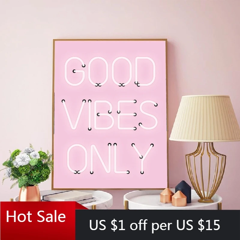 Good Vibes Only Quote Prints Neon Lights Sign Inspirational Poster Pink Quotes Wall Art Decor Canvas Painting Aesthetic Room Dec | Дом и сад