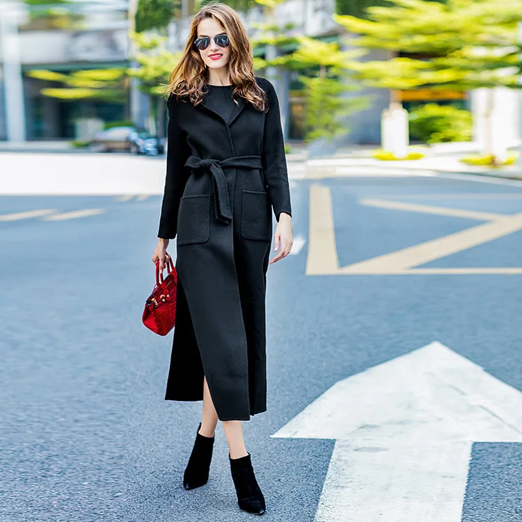 high-end cashmere coat autumn winter jacket women wool trench coat woolen fabric long body double woolen coat s outerwear - Цвет: Черный