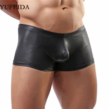 

YUFEIDA Sexy Men's Underwear Boxers PU Leather Boxer Shorts Trunks Low Rise Underpants Male Gay Bulge Pouch U convex Panties