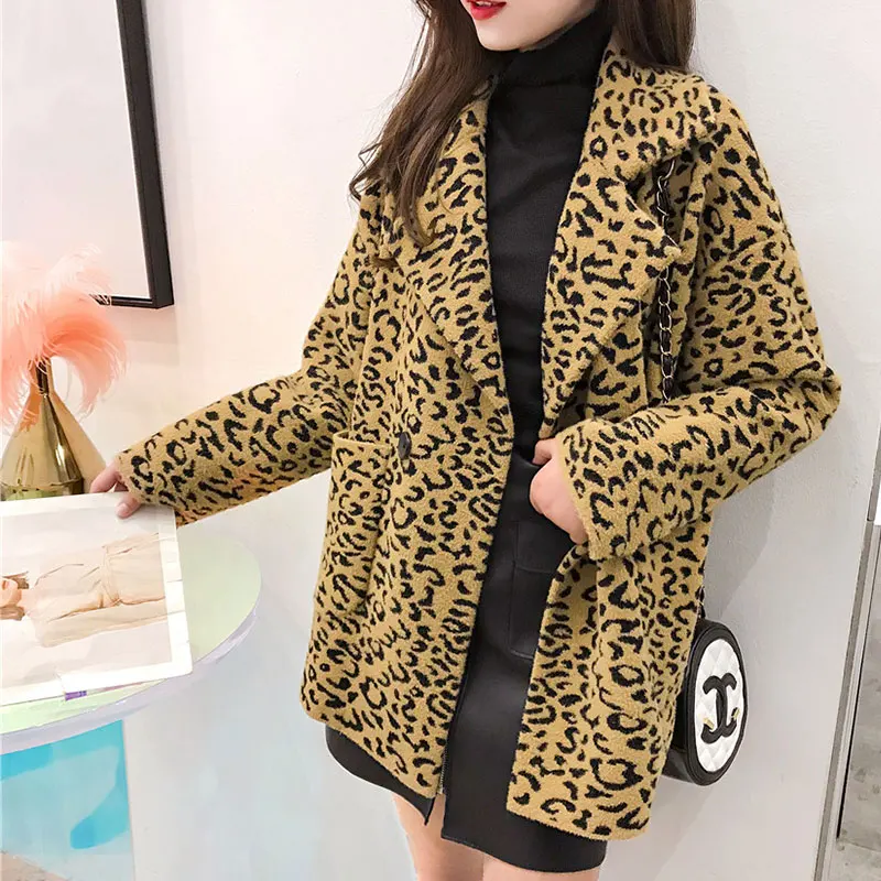 DISIAMAN plus size leopard coat faux fur jacket winter clothes women double-breasted knit chunky ladies sweaters long cardigan