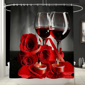 

4pcs Accessories Lid Toilet Cover Gift Non Slip With Rugs Bath Mat Romantic Rose Wine Printed Shower Curtain Set Bathroom Decor