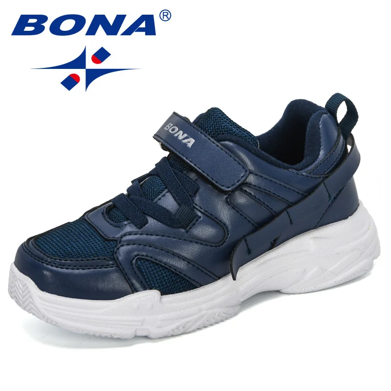 Deep blue BONA/Новинка года; дизайнерская детская обувь; повседневные Детские кроссовки; кожаная спортивная обувь для мальчиков; обувь для бега и прогулок; школьная обувь для девочек - Цвет: Deep blue