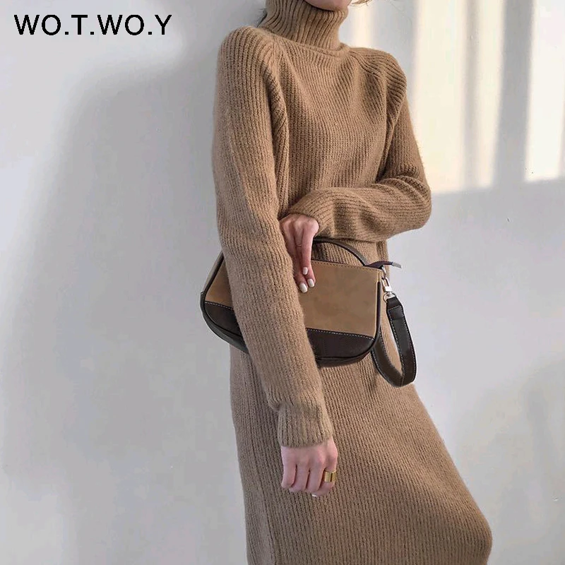 WOTWOY осенне-зимнее хлопковое женское платье с высоким воротом и длинным рукавом реглан до середины икры вязаное плотное женское платье теплая одежда для женщин