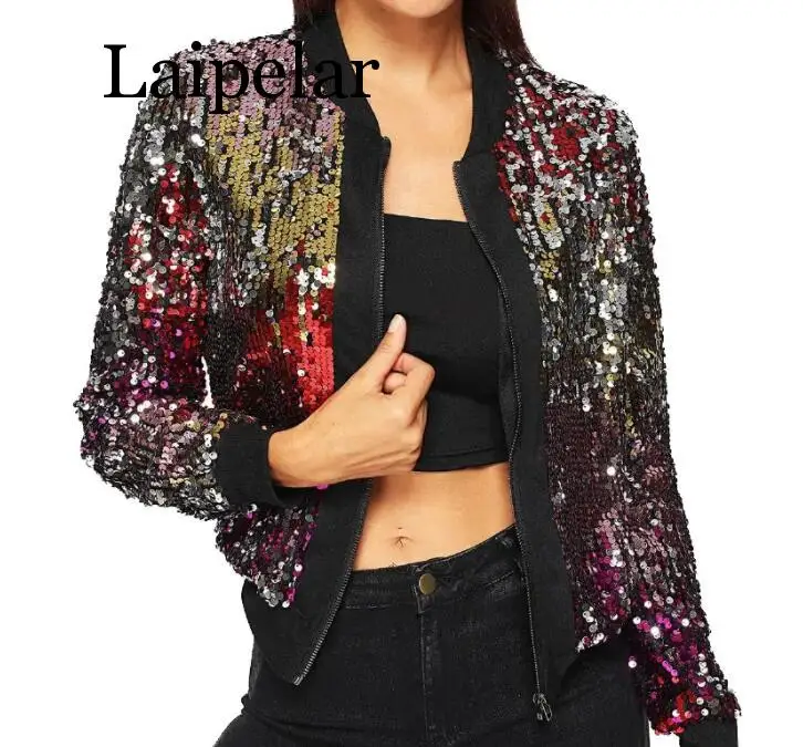 

Autumn Winter Sequin Coat Bomber Jacket Women Outerwear Streetwear Long Sleeve Colorful Glitter Ladies Sparkly Jacket Female