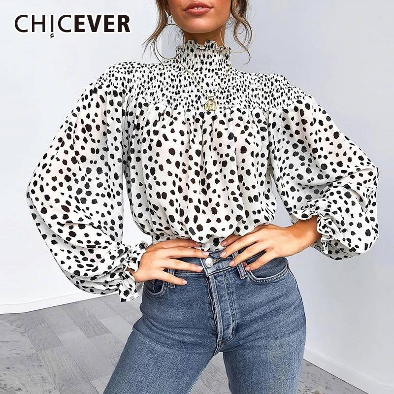 

CHICEVER Korean Polka Dot Bowknot Women's Shirt Turtleneck Lantern Sleeve Lace Up Loose Chiffon Blouse Female 2019 Fashion New