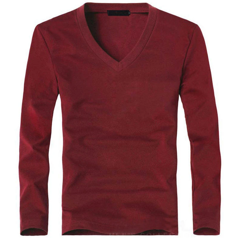 Эластичная Мужская футболка с v-образным вырезом и длинным рукавом, Мужская футболка большого размера из лайкры и хлопка, деловые мужские футболки - Цвет: V Wine red