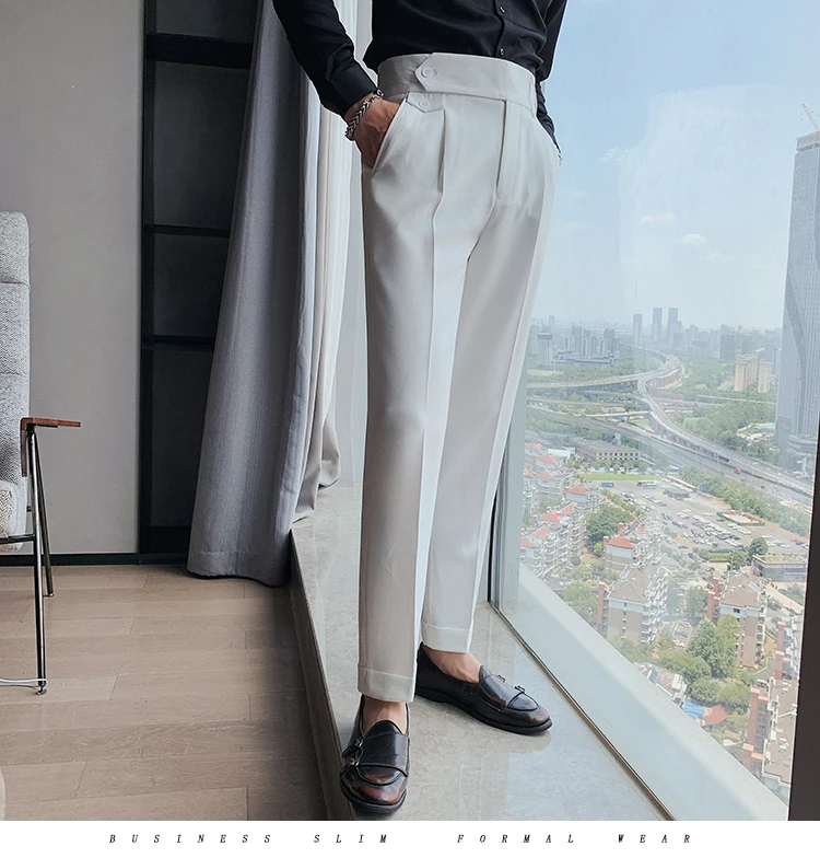 Fusipu Men Suit Pants Solid Color High Waist Thick Formal Male Trousers for  Work 