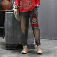 Осенние джинсы женские Ретро Свободные повседневные джинсовые брюки женский эластичный пояс карман лоскутное вышивка брюки-варенки