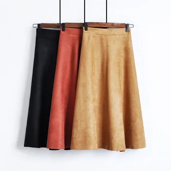 

Suede Midi Skirt Women Fashion Autumn Winter Korean Knee Length A-line High Waist Skirt Female Casual School Big Swing Skirts