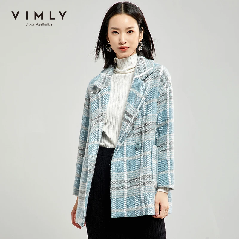 Женское шерстяное пальто Vimly элегантное офисное в клетку с отложным воротником двубортное плотное зимнее
