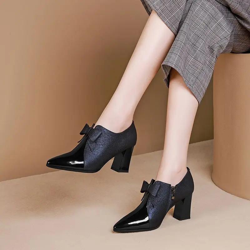 ALLBITEFO/туфли из натуральной кожи на высоком каблуке; сезон весна-осень; женские офисные туфли на каблуке с бантом-бабочкой; однотонная обувь