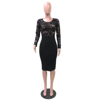 

New Arrival Long Sleeve Lace Patchwork Elegant Sexy Women Pencil Dress High Waist White Black Dress Skinny Stretch Dress Femme
