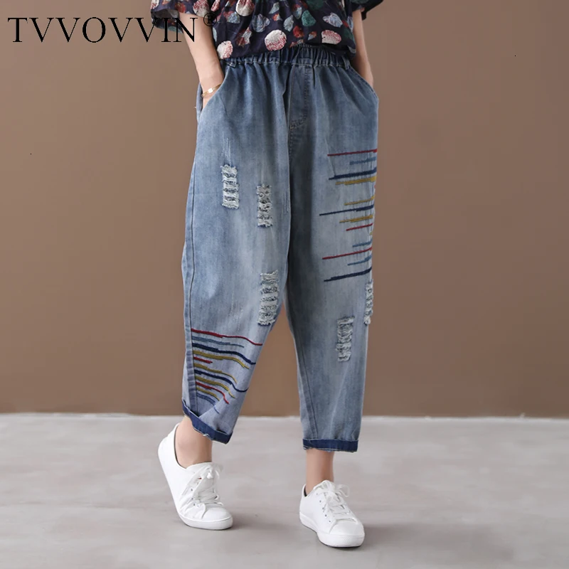 TVVOVVIN/ осенние новые джинсы с узором, стильные, до щиколотки, однотонные, винтажные, отбеленные, цветные, в полоску, средняя талия, эластичные джинсовые штаны X830