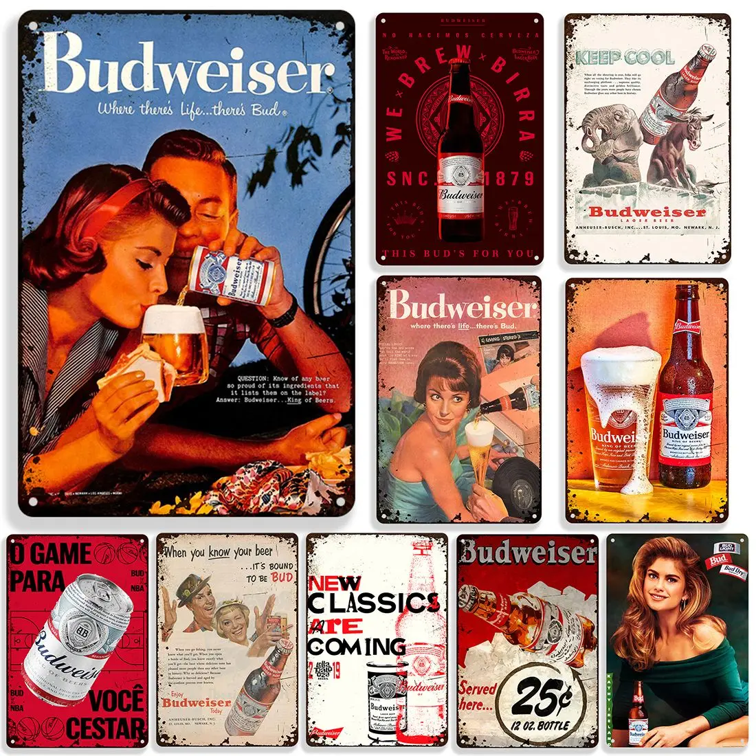 Budweiser-Affiche vintage en métal pour décoration murale, plaque de bière, homme, diversification, maison, garage, 18 pièces