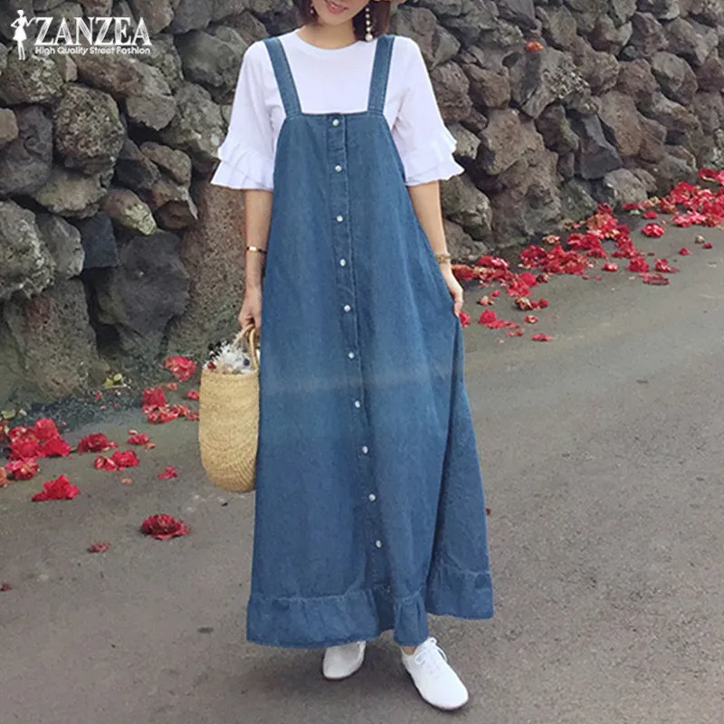 

Fashion Denim Blue Overalls Dress ZANZEA 2019 Women's Sundress Casual Button Summer Ruffle Maxi Vestidos Female Jean Robe S-5XL