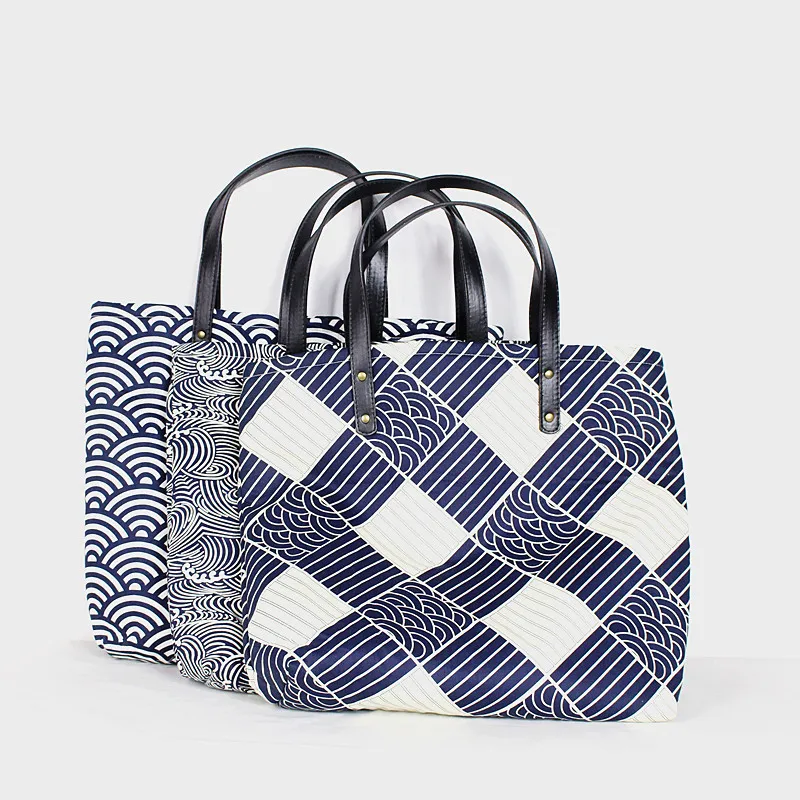 

Qing Sea Wave Trio Single-shoulder Canvas Bag Leather Belt Hand Zipper Large-Volume Single-shoulder Bag for Women Japanese-style