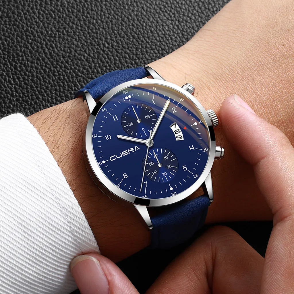 CUENA Men's Business Leather Belt Watch Three Eyes Six-Piece Calendar Quartz Gift Clock 2019 Dress relogio masculino Q | Наручные