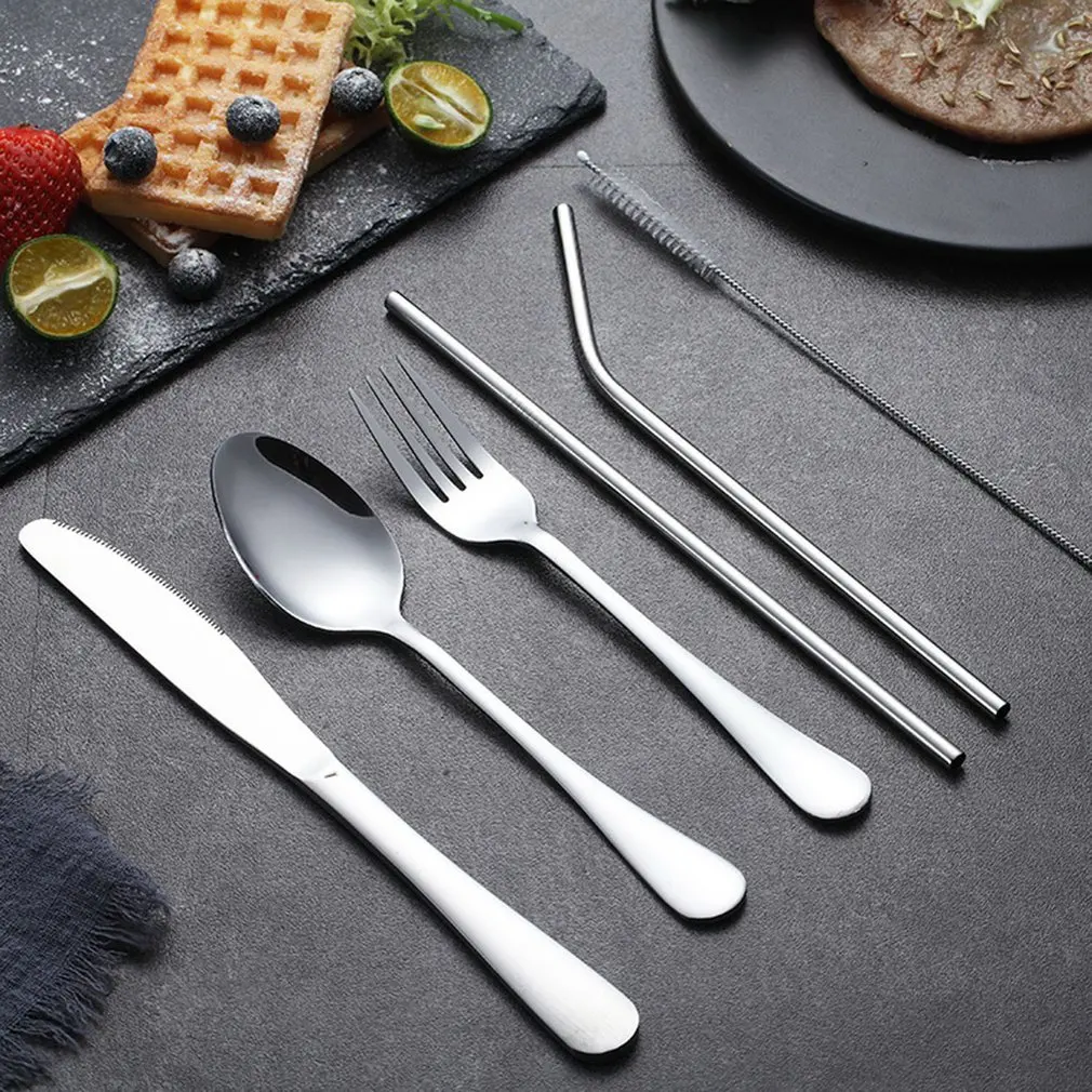 7pcs Stainless Steel Portable Cutlery Outdoor Travel Tableware Kit Lunch Portable Kitchen Tool Picnic Portable Dinnerware