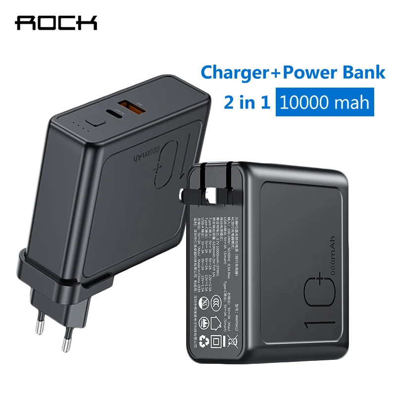 ROCK 10000 мАч 2 в 1 EU/US складной PD 3 0 QC USB зарядное устройство 18 Вт быстрая зарядка