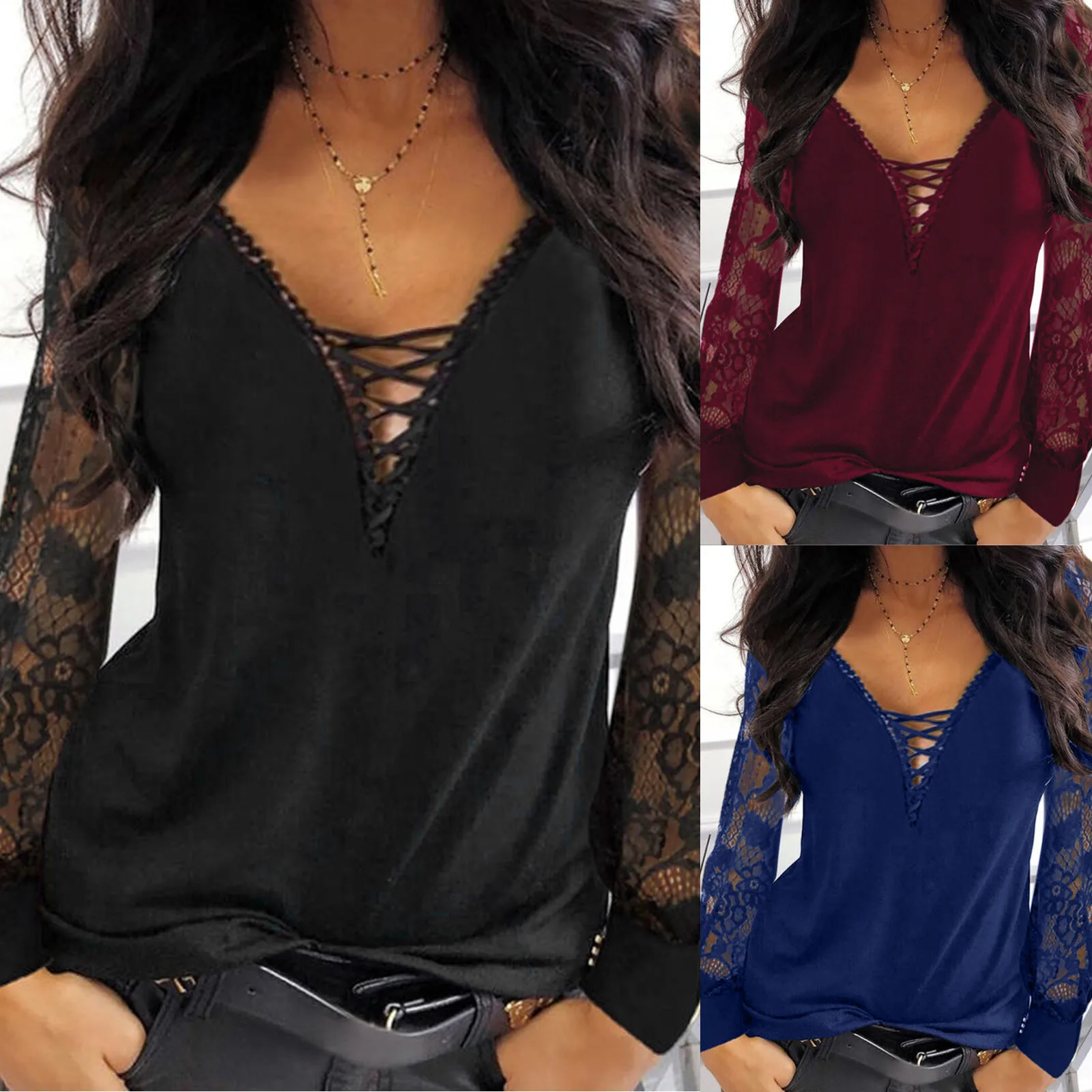 Fashion Sexy Tops Women 2021 long sleeve Top Commuting Pullover V-neck Lace Bottoming Blouses Shirts 1